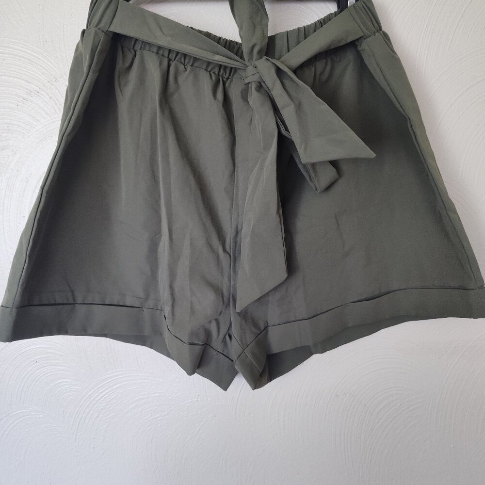 Army Green Tie Front High Waisted Shorts